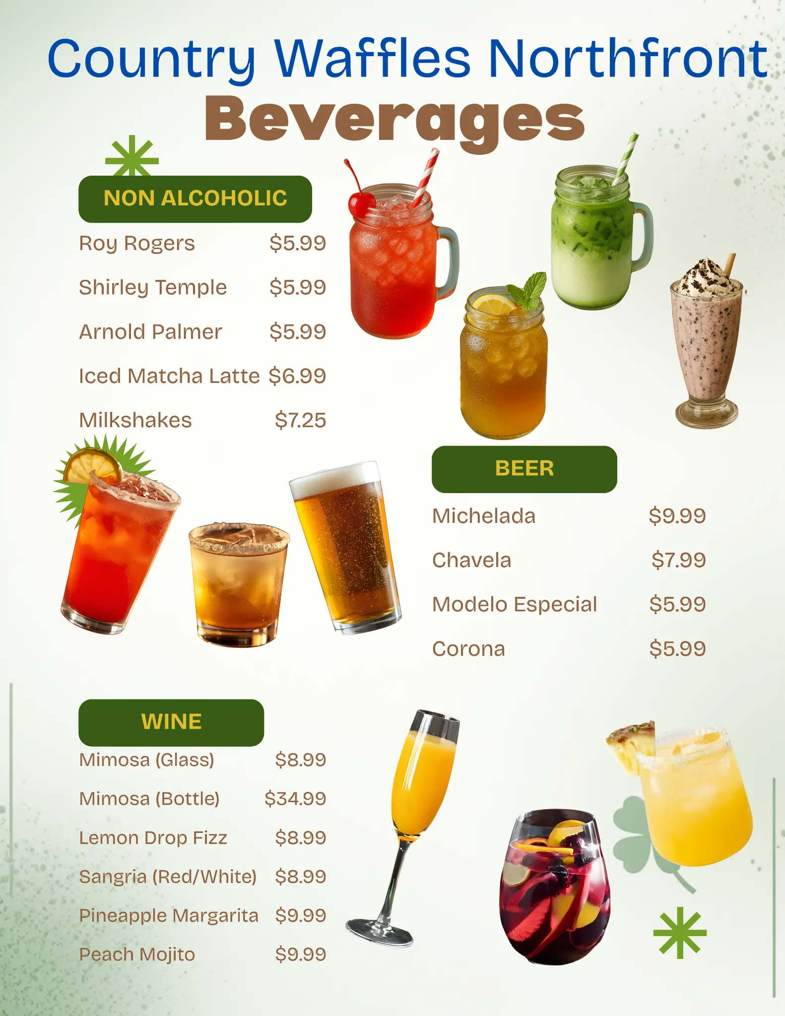 Country Waffles Livermore Beverages Menu — Beer, Wine, Cocktails and Non-Alcoholic Drinks