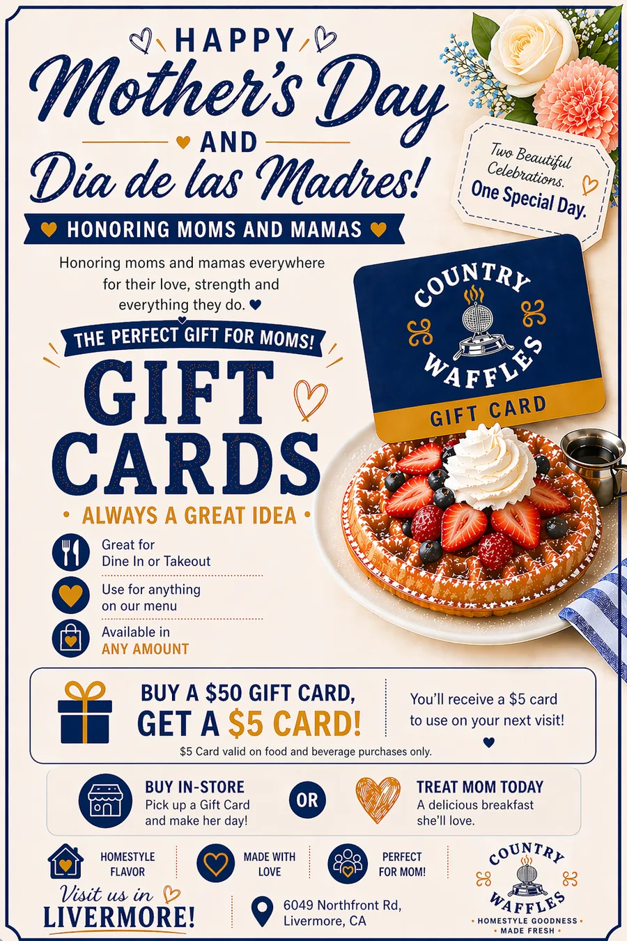 Country Waffles Livermore Gift Cards — Buy $50 get $5 — Perfect for Mother's Day