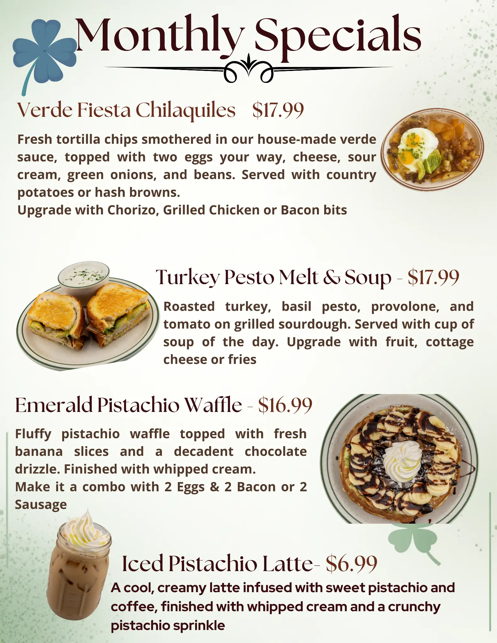 March Monthly Specials — Verde Fiesta Chilaquiles, Turkey Pesto Melt, Emerald Pistachio Waffle, Iced Pistachio Latte