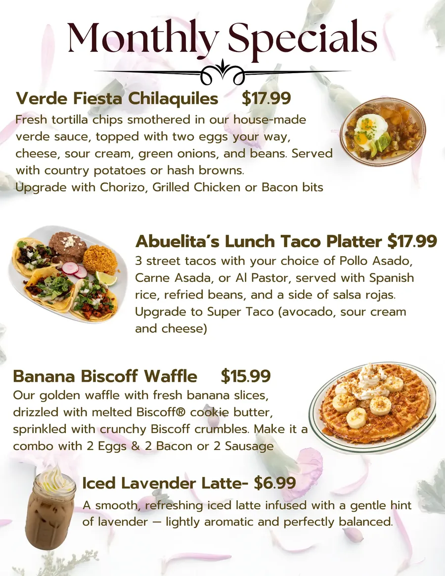 May Monthly Specials — Verde Fiesta Chilaquiles, Abuelita's Lunch Taco Platter, Banana Biscoff Waffle, Iced Lavender Latte