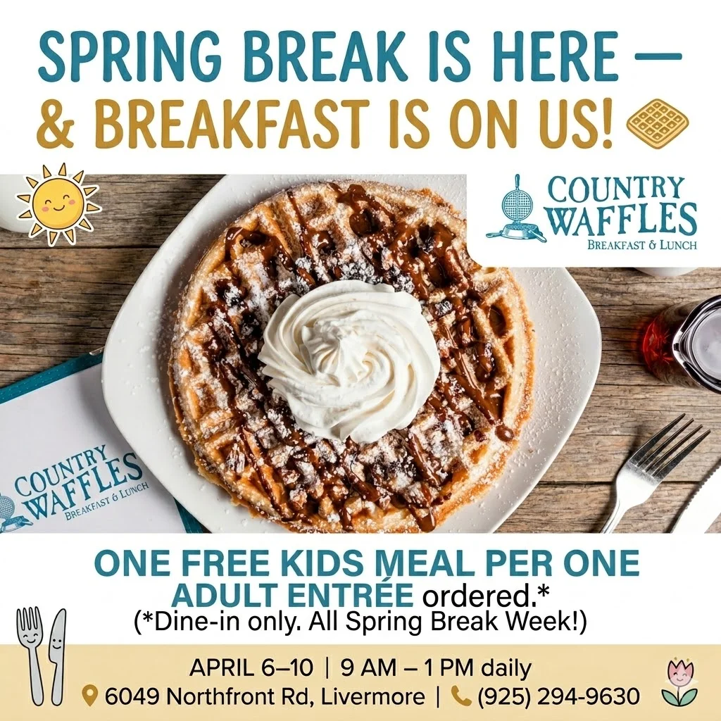 Spring Break Special — Kids 10 and under eat free, one free kids meal per adult entrée, April 6–10, 9AM–1PM